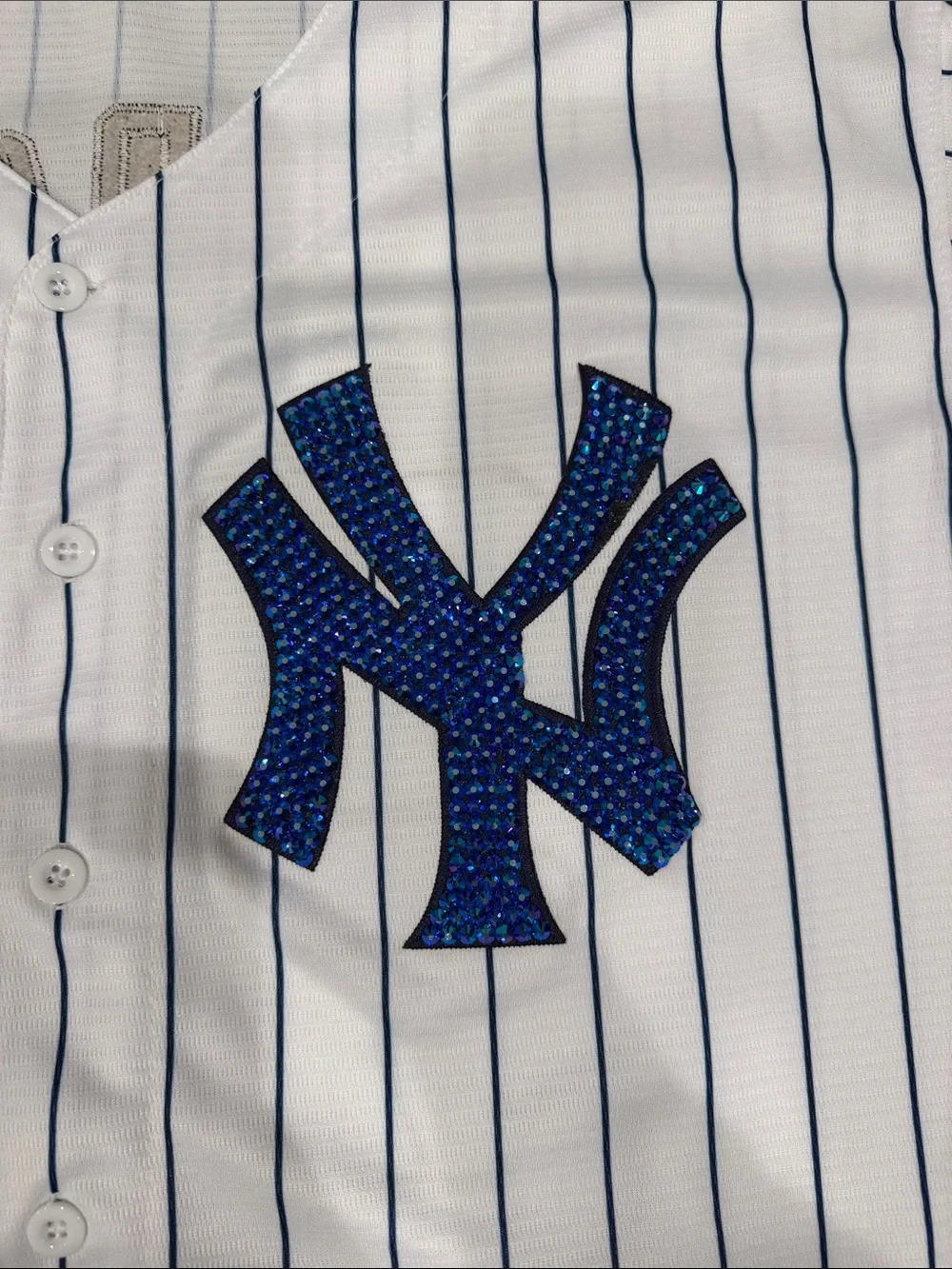 Nike White Pinstripe Yankees Jersey Custom with Blue Rhinestone Logo #99 #Rare